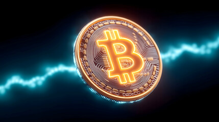 Glowing cryptocurrency coin with circuit board design, set against an abstract energy background. Generative AI