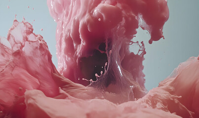 Abstract splash of pink liquid creating dynamic shapes against a soft blue background