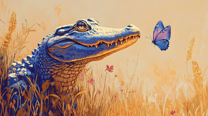 A gentle gator and a butterfly in a field.