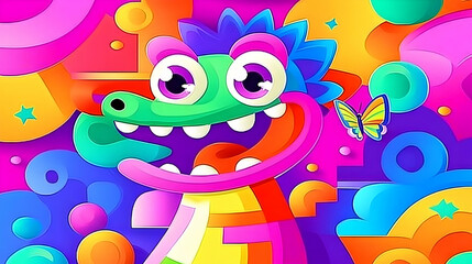 Obraz premium A vibrant cartoon crocodile with a playful expression in a colorful abstract background.