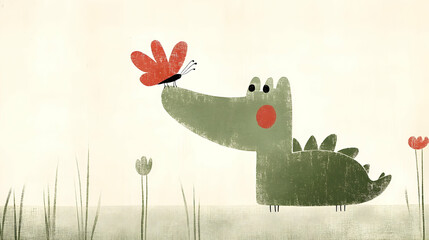 A friendly crocodile and a fluttering butterfly in a tranquil meadow.