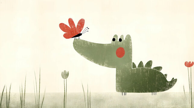 A friendly crocodile and a fluttering butterfly in a tranquil meadow.