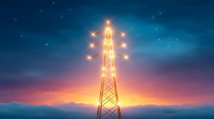 Fototapeta na wymiar Illuminated electricity pylon at sunset, above clouds, under starry night sky. Generative AI
