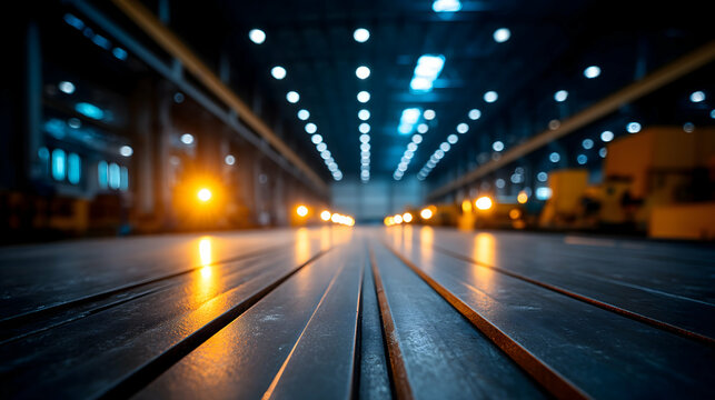 Industrial factory floor with metal sheets reflecting lights. Generative AI