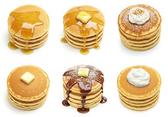 Six stacks of pancakes with various toppings including syrup butter and whipped cream on white background