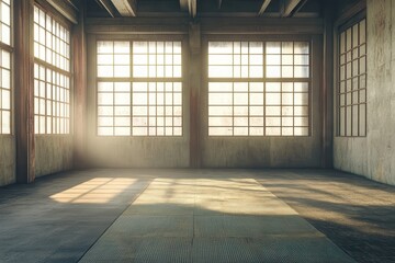 A sunlit room with large windows and wooden structural elements