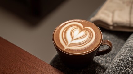Artful coffee latte with a heart-shaped foam design in a cozy caf&eacute; corner.
