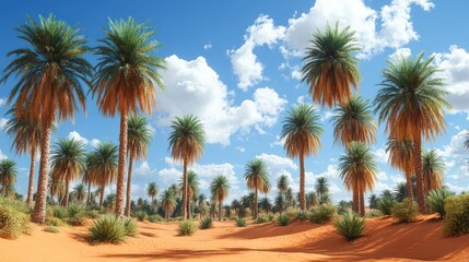Fototapeta premium Oasis landscape with tall palm trees under a bright blue sky and puffy clouds.