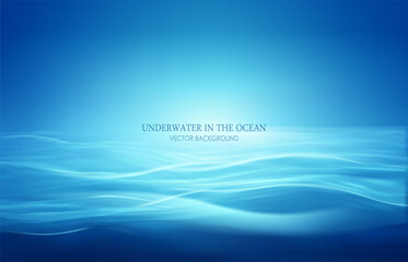 Vector Illustration. Underwater background.  Sea or ocean aqua with light. Seabed and sun beams, water surface, swimming pool or pond depth