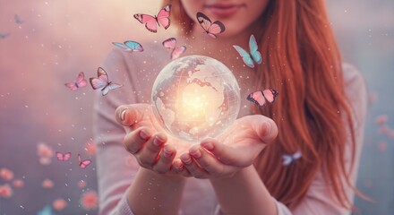 Naklejka premium Woman holding glowing globe surrounded by butterflies 