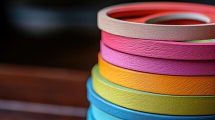 Stacked colorful wooden rings, textured surface