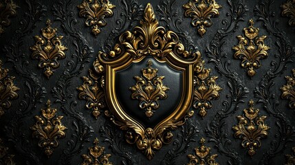 Opulent Gold and Black Baroque Shield on Damask Wallpaper