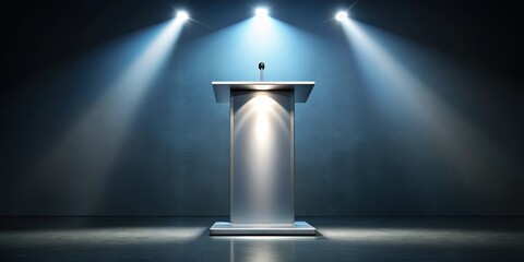A sleek podium stands under a bright spotlight, highlighting its modern design and reflective surface , decor, lighting