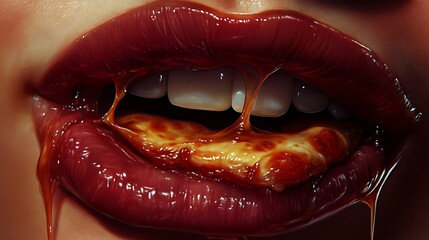 Pizza dripping from luscious lips