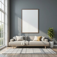 Modern interior design of an empty living room with furniture and a window Empty room with window and white wall featuring simple furniture and wooden floor