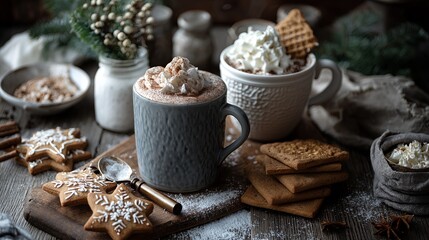 Fototapeta premium A cozy winter scene with hot chocolate, whipped cream, cinnamon, and gingerbread cookies