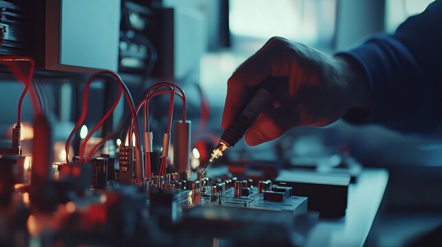 Electrician testing electrical components. Featuring diagnostics and safety