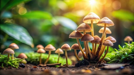 Fototapeta premium Close-up of little mushrooms growing in the wild nature, surrounded by leafy greens and earthy tones