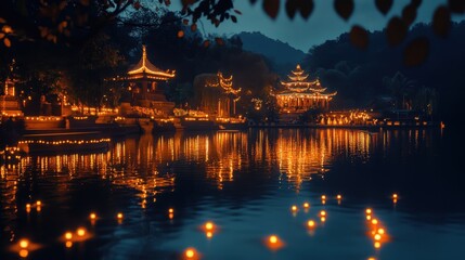 Fototapeta premium Illuminated pagodas reflect on a tranquil lake during a dark night