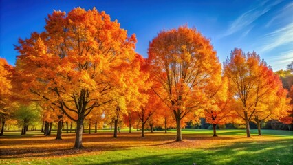 Vibrant orange and yellow trees stand tall against a clear blue sky in autumn park, orange, warm light,  orange