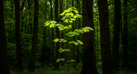 Fototapeta premium Young Tree In Forest Sunlight