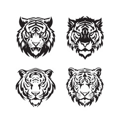 Set of tiger head illustrations in black and white. Tiger head design on white background