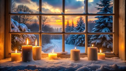 Soft, warm glow of lit candles on a snowy windowpane at dawn, Imbolc, calm,  Imbolc, calm, candles, serene