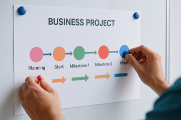 This illustrates a business project planning process highlighting key milestones with colorful markers that guide strategy from start to finish
