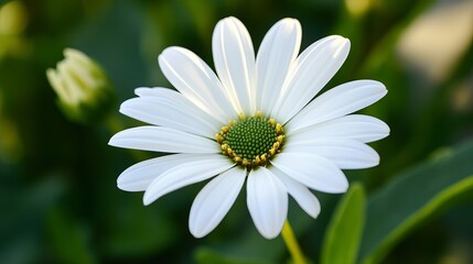 Obraz premium White daisy flower photography macro shot with green center and blurred background nature stock image 