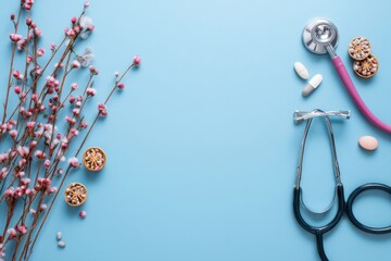 Fototapeta premium Pastel-colored health and wellness concept featuring a stethoscope, pills, and delicate flowers. A serene and calming image.