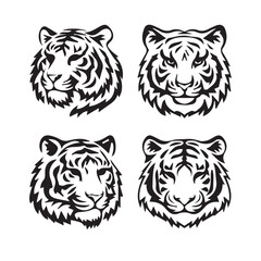 Set of tiger head illustrations in black and white. Tiger head design on white background