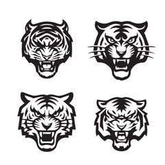 Set of tiger head illustrations in black and white. Tiger head design on white background
