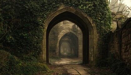Fototapeta premium An ancient archway tunnel overgrown with ivy, leading into a mysterious, misty distance.
