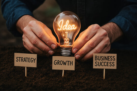 This captures the essence innovation symbolized by a glowing light bulb alongside key concepts strategy growth and business success which guide decision-making in entrepreneurial ventures