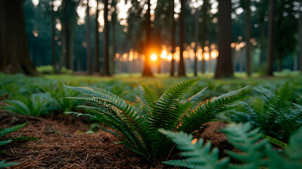 Sunset illuminating ferns in a pine forest. Generative AI