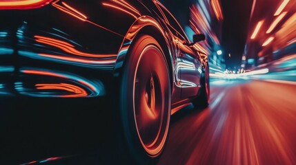Modern futuristic car in movement. Sports luxury cars lights on the road at night time. Timelapse, hyperlapse of transportation. Motion blur, light trails, abstract soft glowing lines on street road