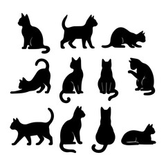 A set of black cat silhouettes in various poses, perfect for design, decoration, or branding.