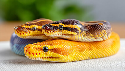 Fototapeta premium Three ball pythons, vibrant orange, yellow, and blue, rest on a light surface. Generative AI