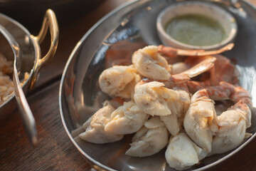 Steamed Crab Leg serve on wood table