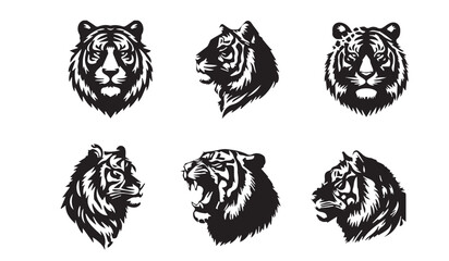 Set of tiger head illustrations in black and white. Tiger head design on white background