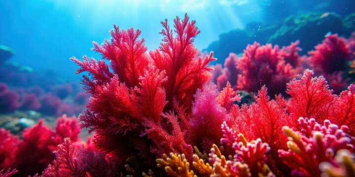 Close-up of vibrant marine red algae underwater, seawater, nature,  seawater, nature,algae, oceanic environment