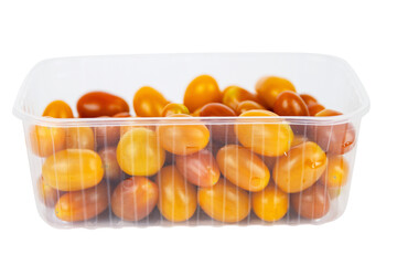 Plastic container of fresh yellow and orange cherry tomatoes isolated on white background. Tomatoes in transparent pack, perfect for grocery, retail, and food market visual content. Copy space