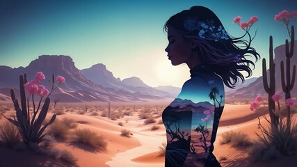 Silhouette of a woman reflecting on nature in a desert landscape  