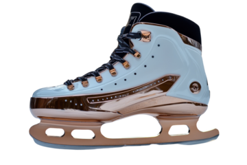 Elegant rose gold ice skates a stunning design with white accents sharp details and a sleek profile against a black
