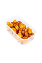 Plastic container of fresh yellow and orange cherry tomatoes isolated on white background. Tomatoes in transparent pack, perfect for grocery, retail, and food market visual content. Copy space