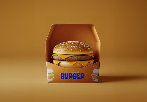 Burger Box Mockup &ndash; Realistic Cheeseburger Packaging in Open Cardboard Container with Studio Lighting for Fast Food Branding and Menu Design Presentation

