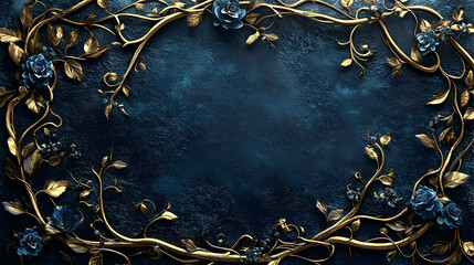 A gold-embellished, dark blue background framed by intricate floral vines.