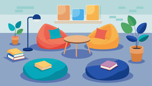Bean bag chairs tered around a low coffee table providing a comfortable alternative study spot for students.