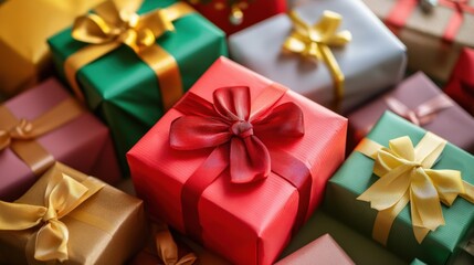 Colorful presents with ribbons are stacked together in a close up view