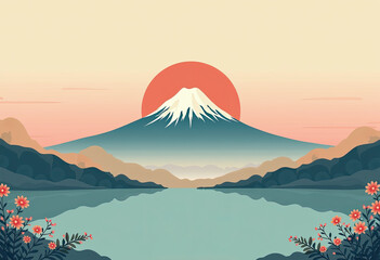 Naklejka premium Vintage Japanese New Year Design: Delicate Composition Featuring Mount Fuji Sunrise, Turquoise Foreground, and Kadomatsu in Earth Tones and Soft Pastels. 